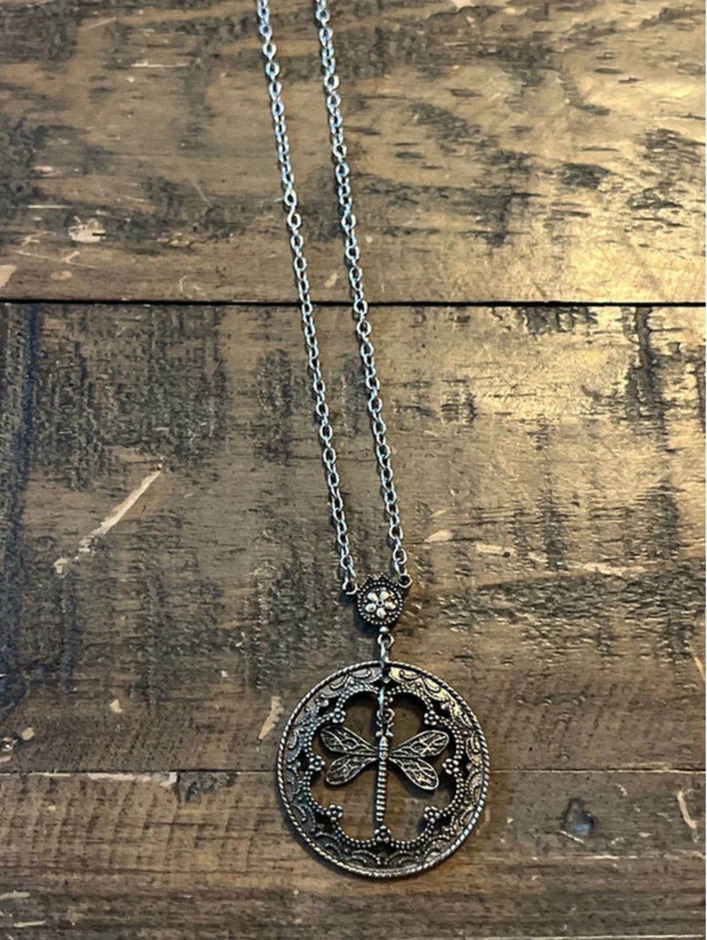Vintage Style Silver Filigree Dragonfly Medallion Necklace - Dangle Center Charm